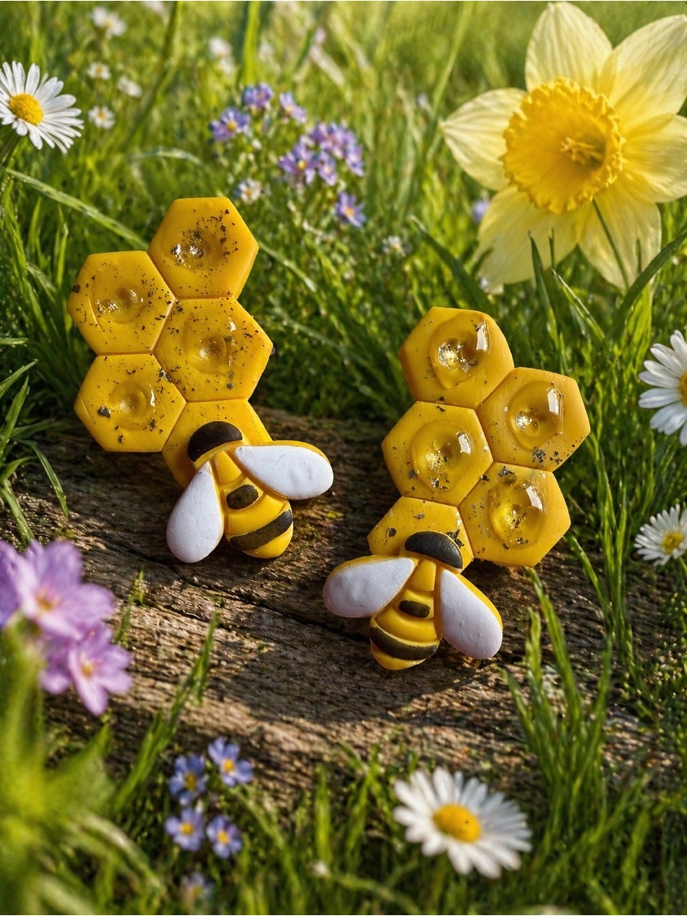 Yellow Bee & Honeycomb Handmade Polymer Clay Earrings